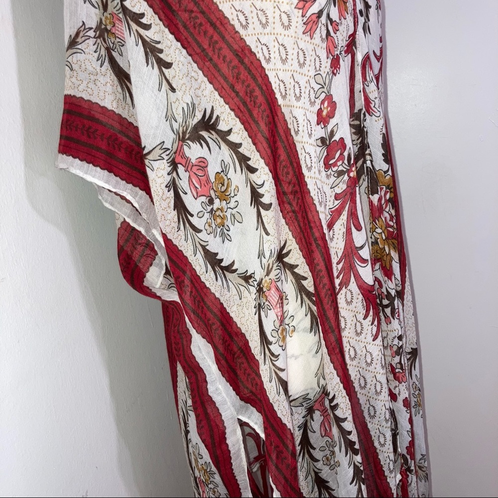 Floral Vase Botanical Flowers Print Sheer Cover Up with Fringe Red Stripes NWT - Picture 6 of 9